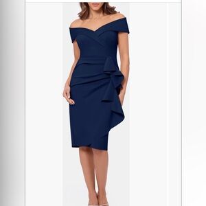 Xscape Evenings Off Shoulder Ruffle Cocktail Dress Navy Blue Size 14